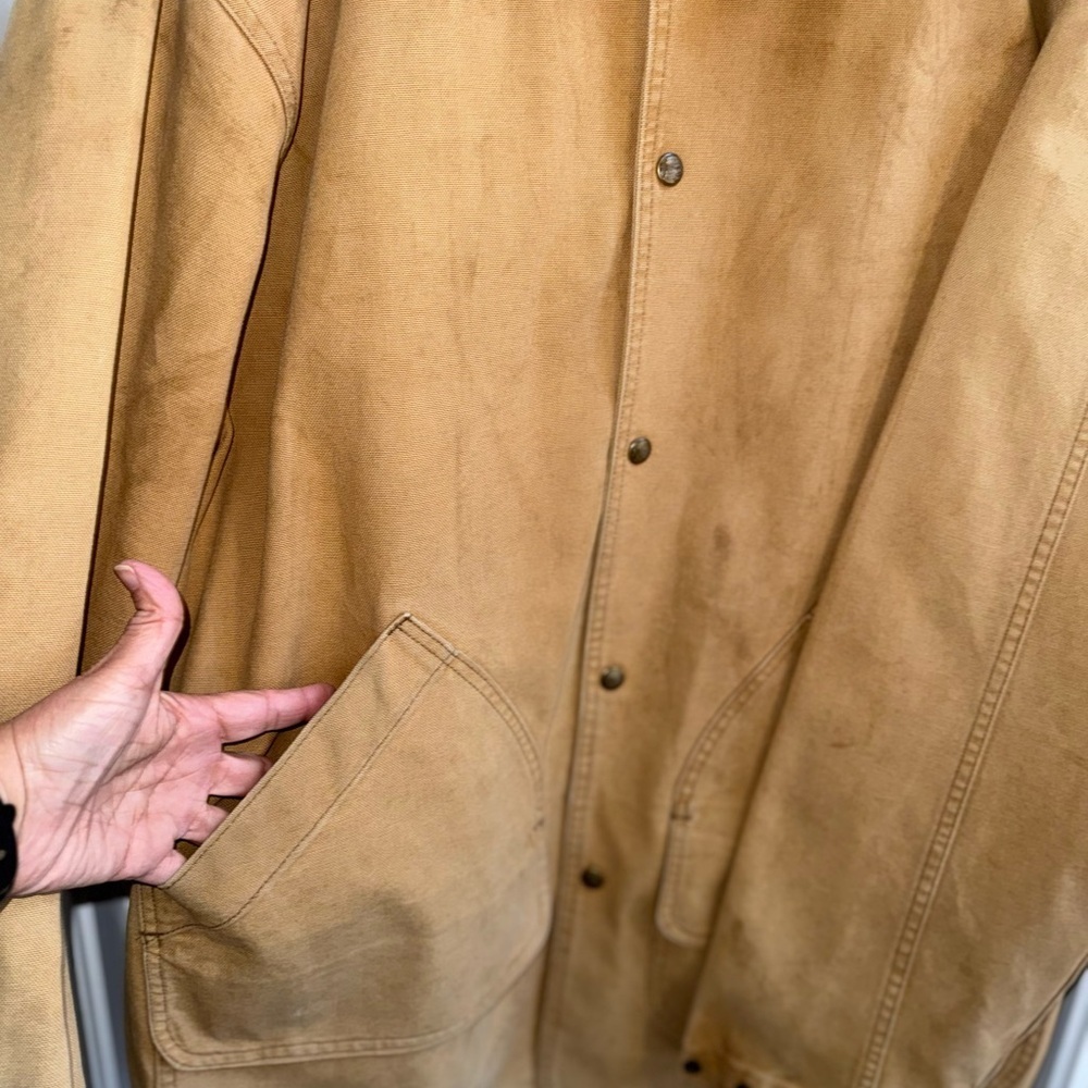 Vintage Woolrich Chore Coat Cotton Mens L Tan Leather Collar Removable Fleece - Picture 4 of 12